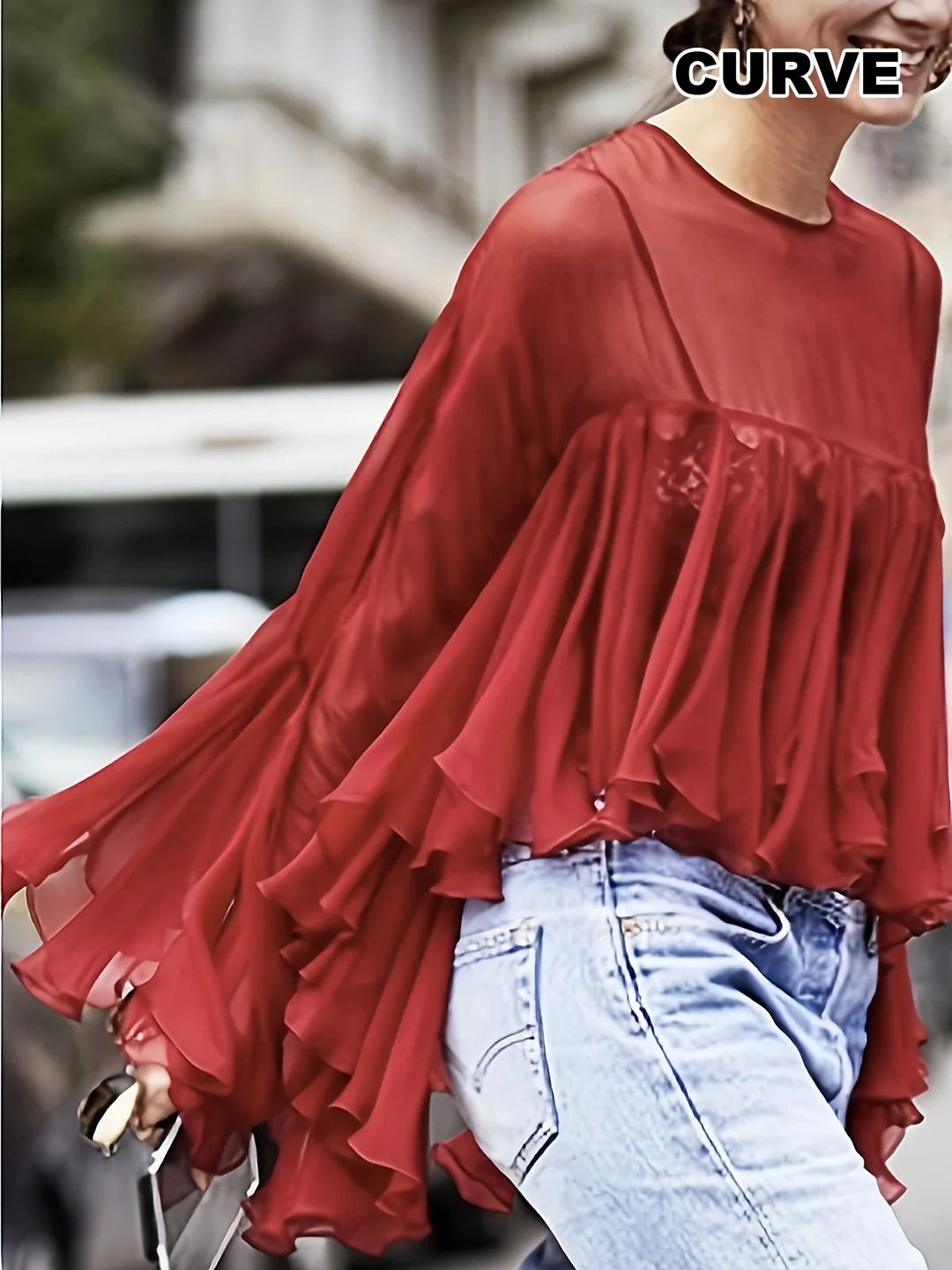 [Elegant Blouse] Elegant Ruffled Sleeve Women's Blouse | Middle Eastern-Inspired Round Neck Long Sleeve Top with Sheer Layered Detailing, Non-See-Through Fabric, Machine Washable, All-Season Versatile Casual to Formal Wear (Plus Size Available)