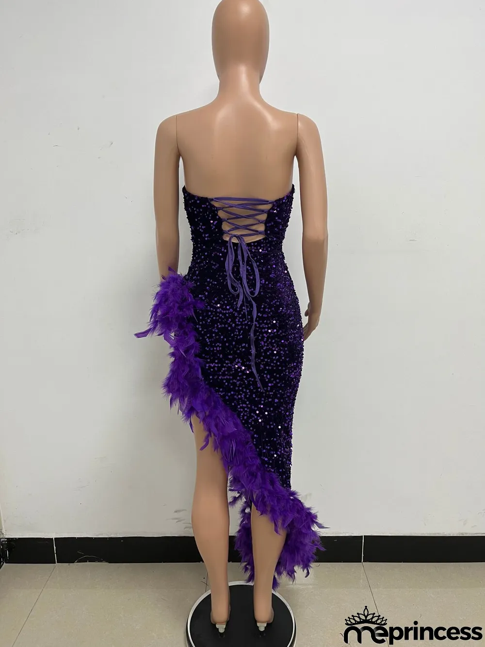 Women Sexy Off Shoulder Backless Sequin Feather Dress