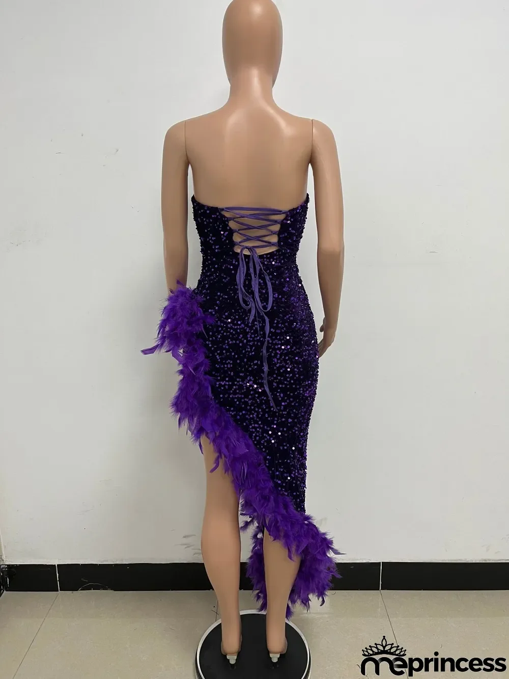 Women Sexy Off Shoulder Backless Sequin Feather Dress