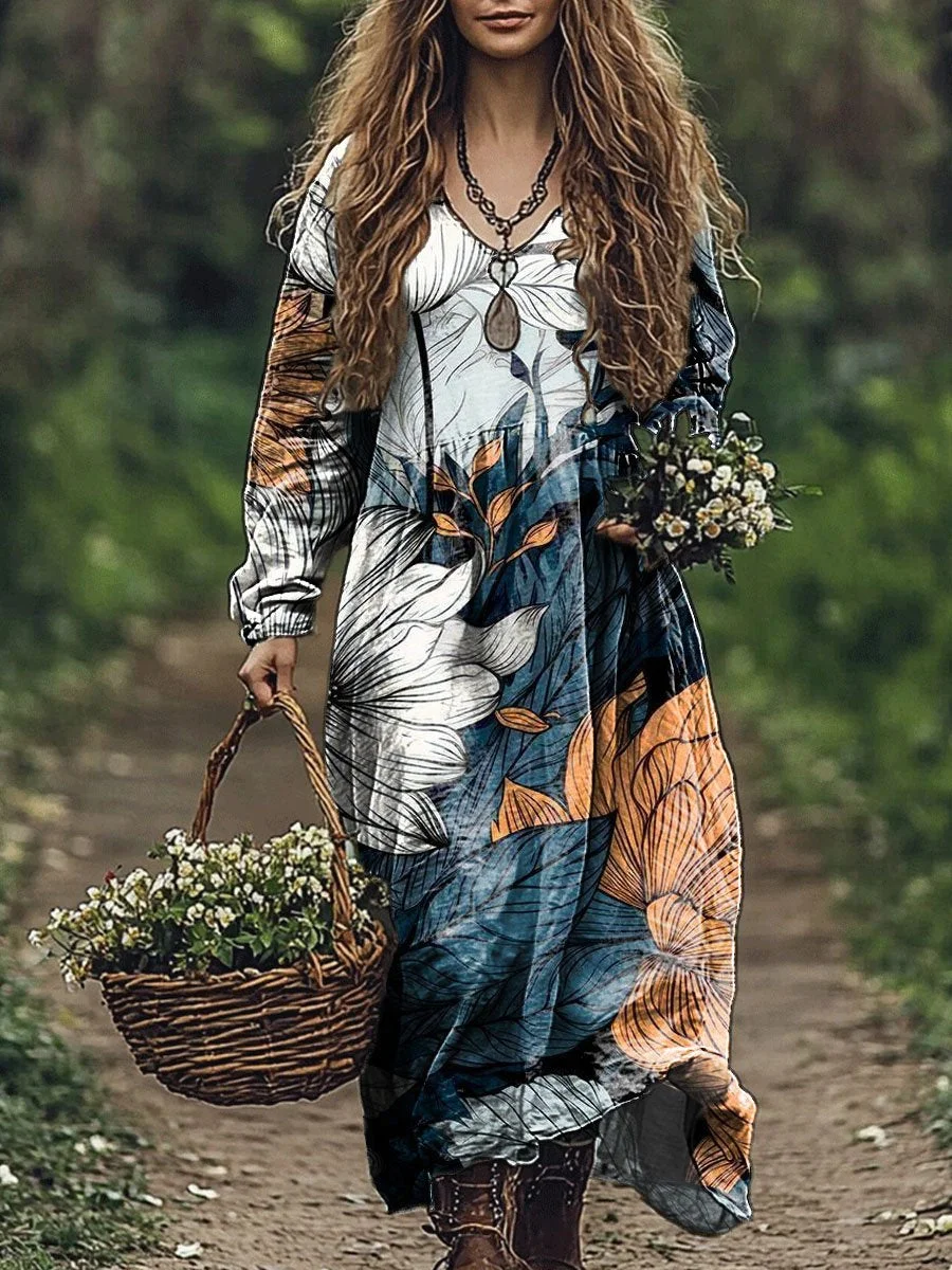 Women's Vintage Floral Art Print Pocket Cotton V Neck Long Sleeve Dress
