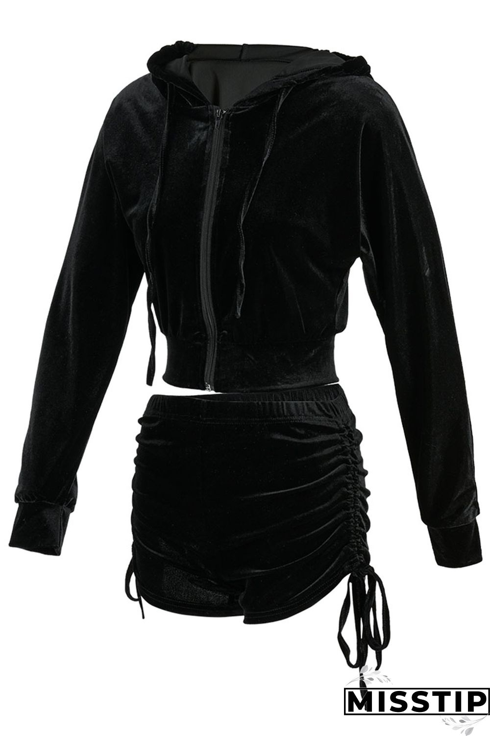 Blue Street Patchwork Solid Draped asymmetrical crop top Straight Long Sleeve Two Pieces