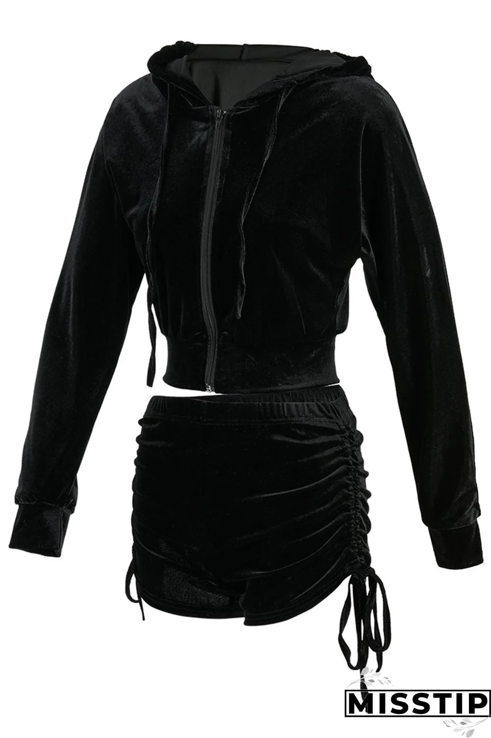 Blue Street Patchwork Solid Draped asymmetrical crop top Straight Long Sleeve Two Pieces