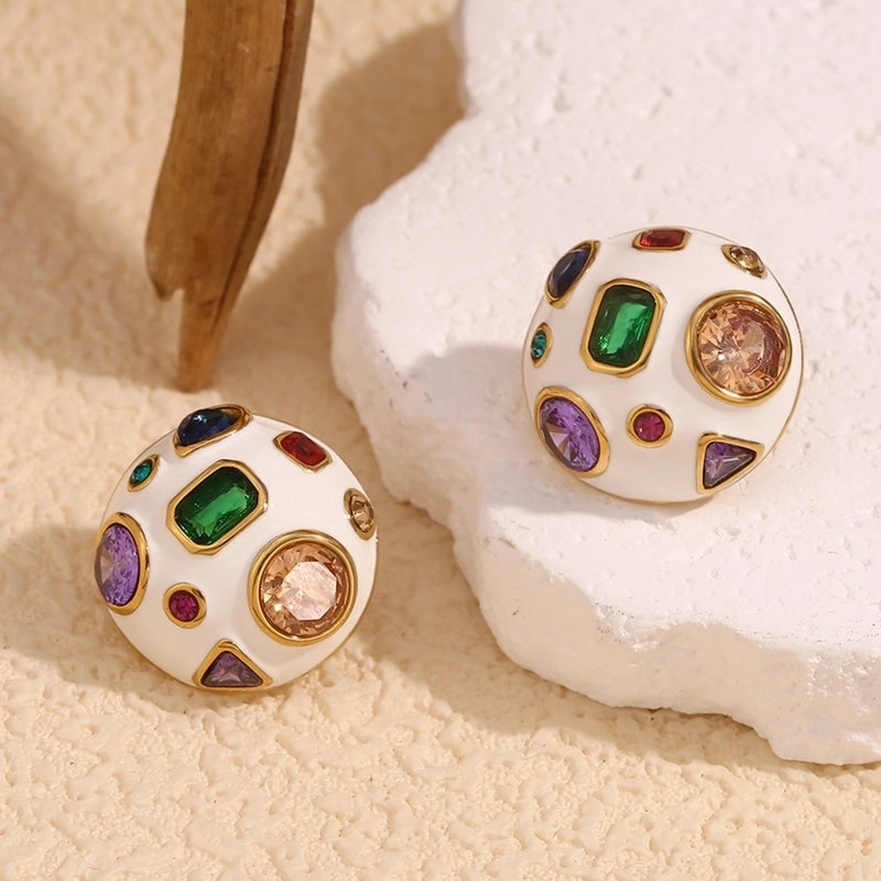 1 Pair IG Style Minimalist Geometric Enamel Inlay 304 Stainless Steel Zircon 18K Gold Plated Ear Studs
