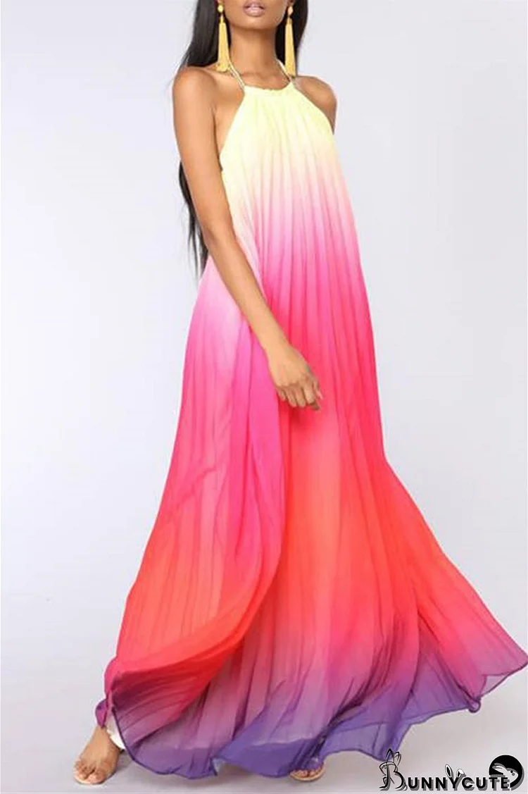 Pink Fashion Casual Gradual Change Print Backless Halter Sleeveless Dress