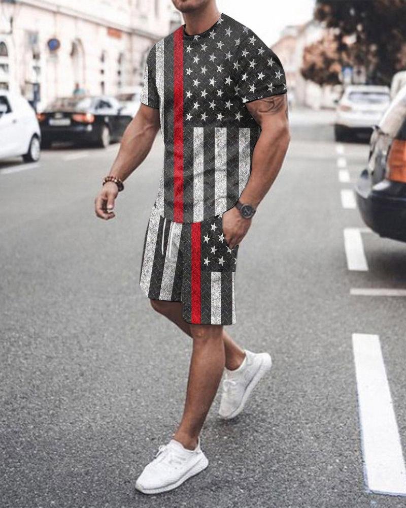 Men's Sport Flag Printed Shorts Suit