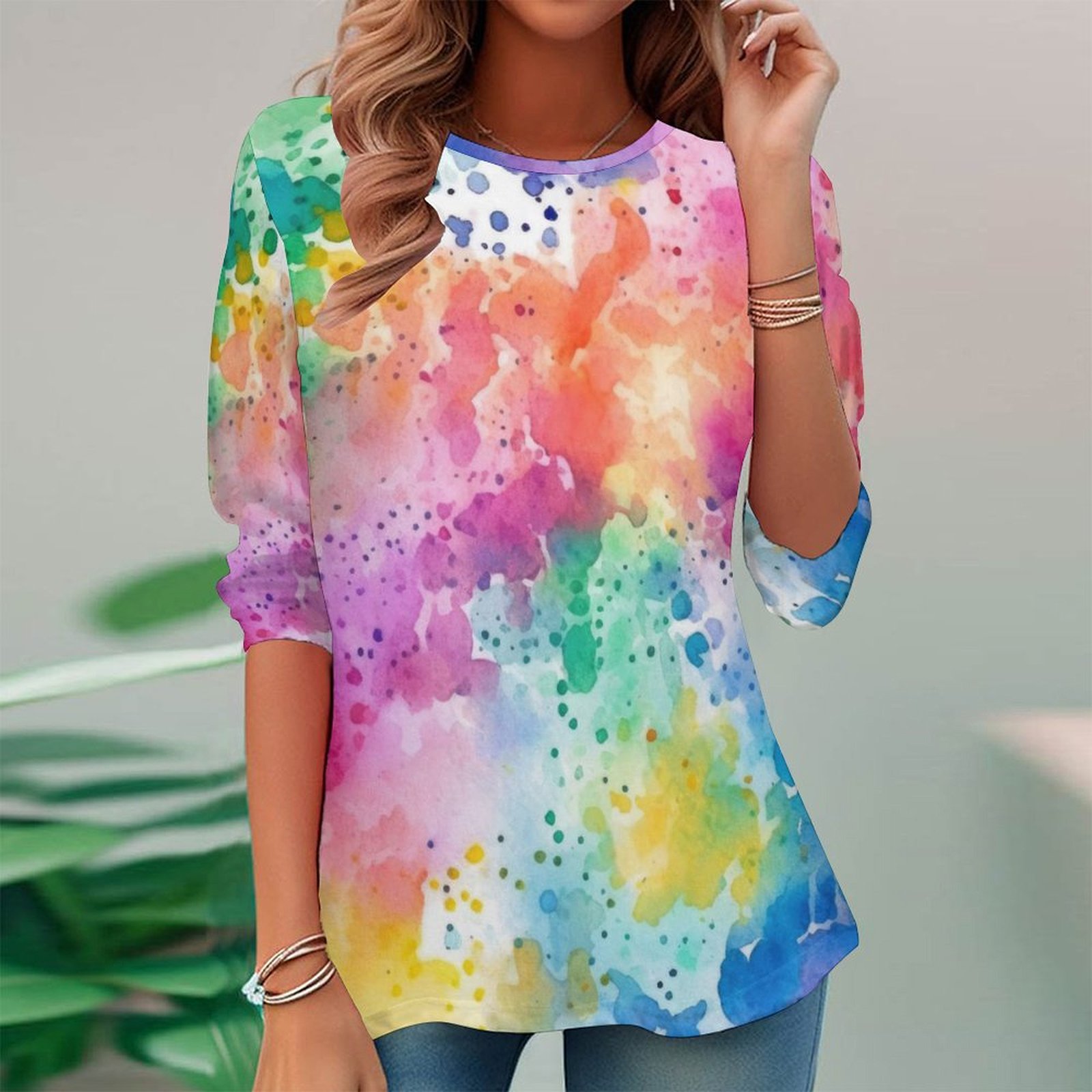 Women Long Sleeve V-neck Graphic Floral Printed Top