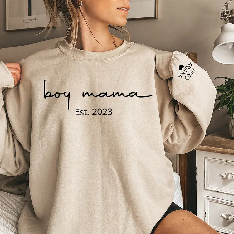 Boy Mama Sweatshirt, Custom Mother's Day Sweatshirt, with Children's Names on the Sleeve