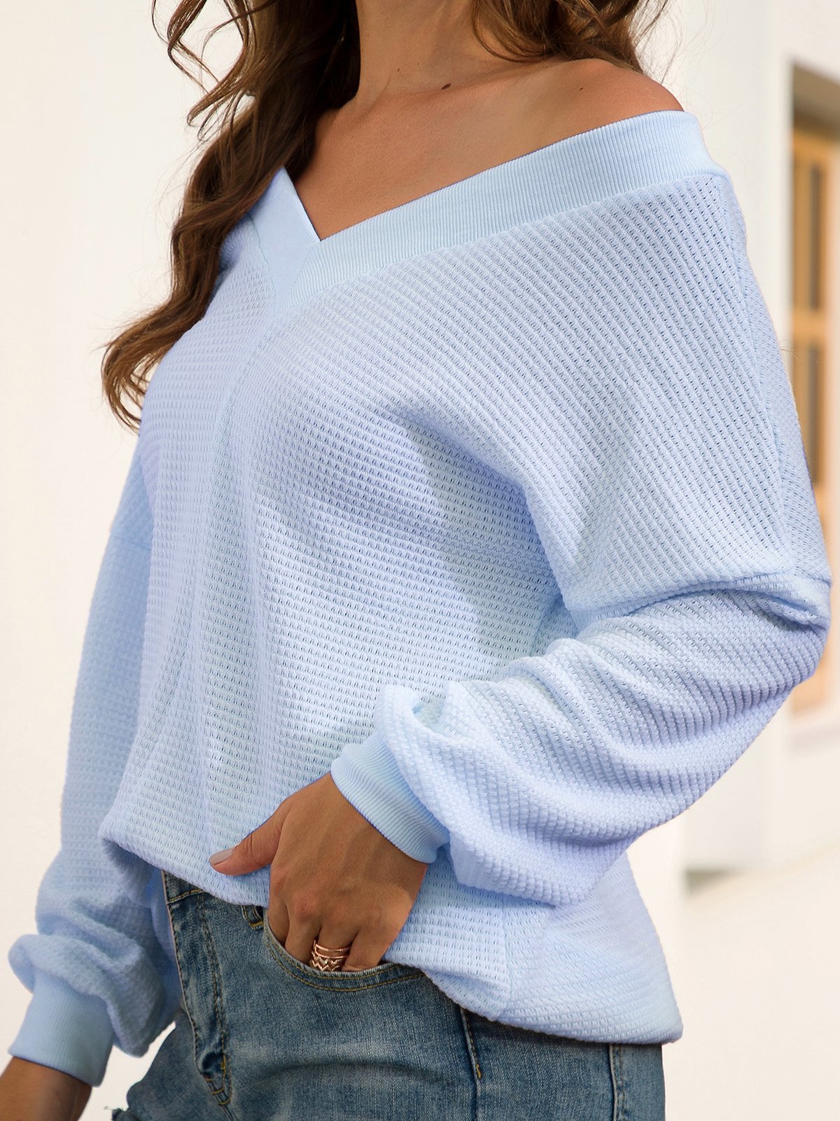 Casual V Neck Long Sleeve Solid Backless Sweaters