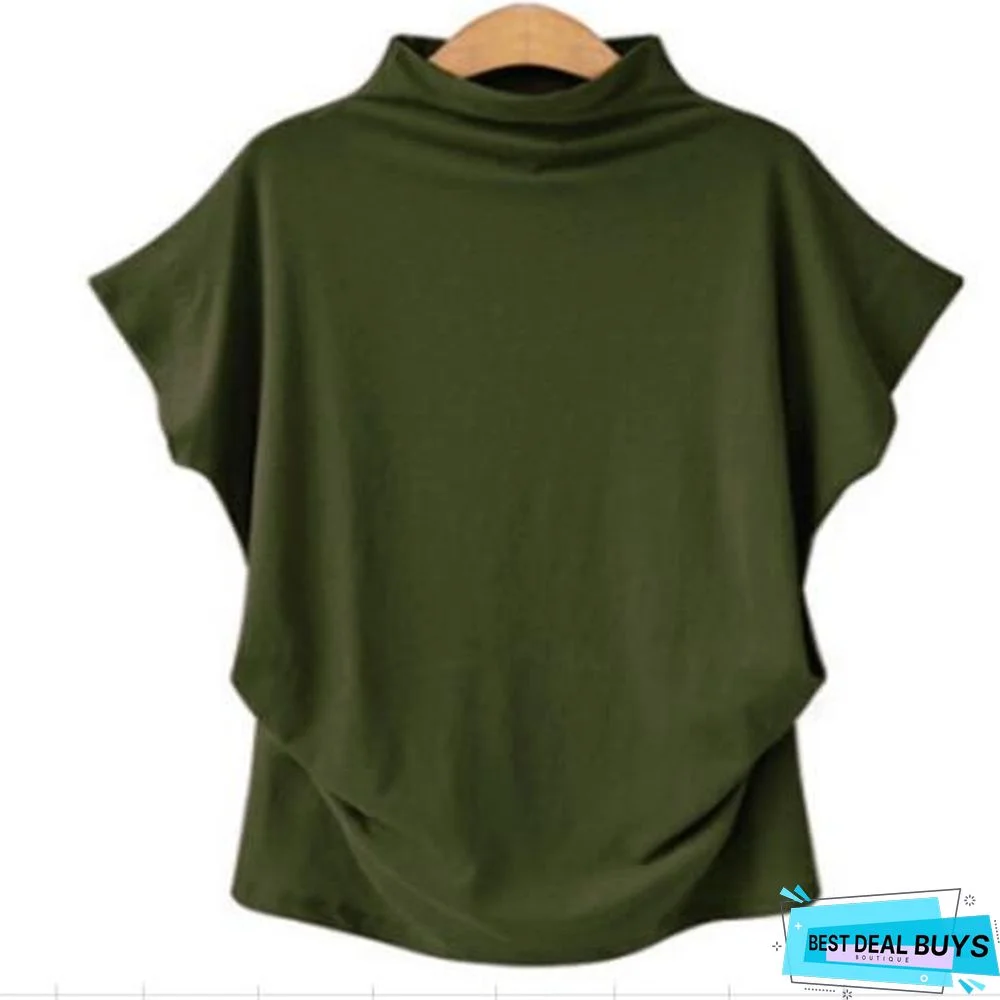 Women Casual Short Batwing Sleeve Loose Tops Solid Black Gray Turtleneck Tee T-Shirts