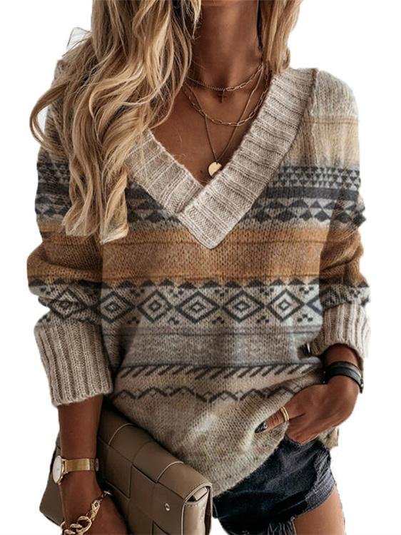 Women's V-neck Long Sleeve Casual Printed Stitching Sweater Top