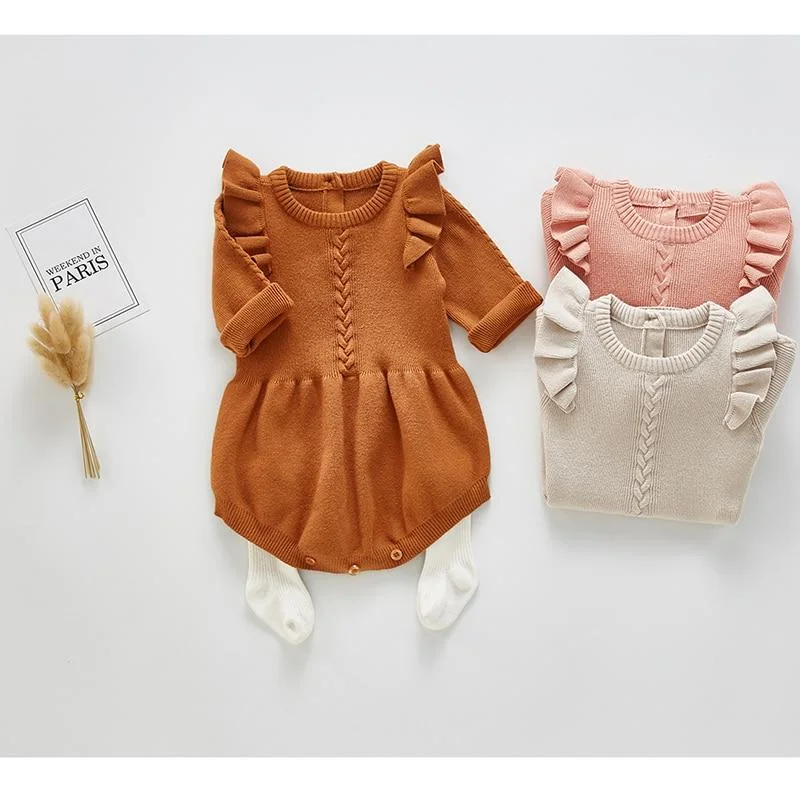 Baby Girls Knitted Bodysuit 2021 Spring Infant Newborn Long Sleeve Solid Ruffled Jumpsuit Outfit Set Baby Spring Autumn Clothing