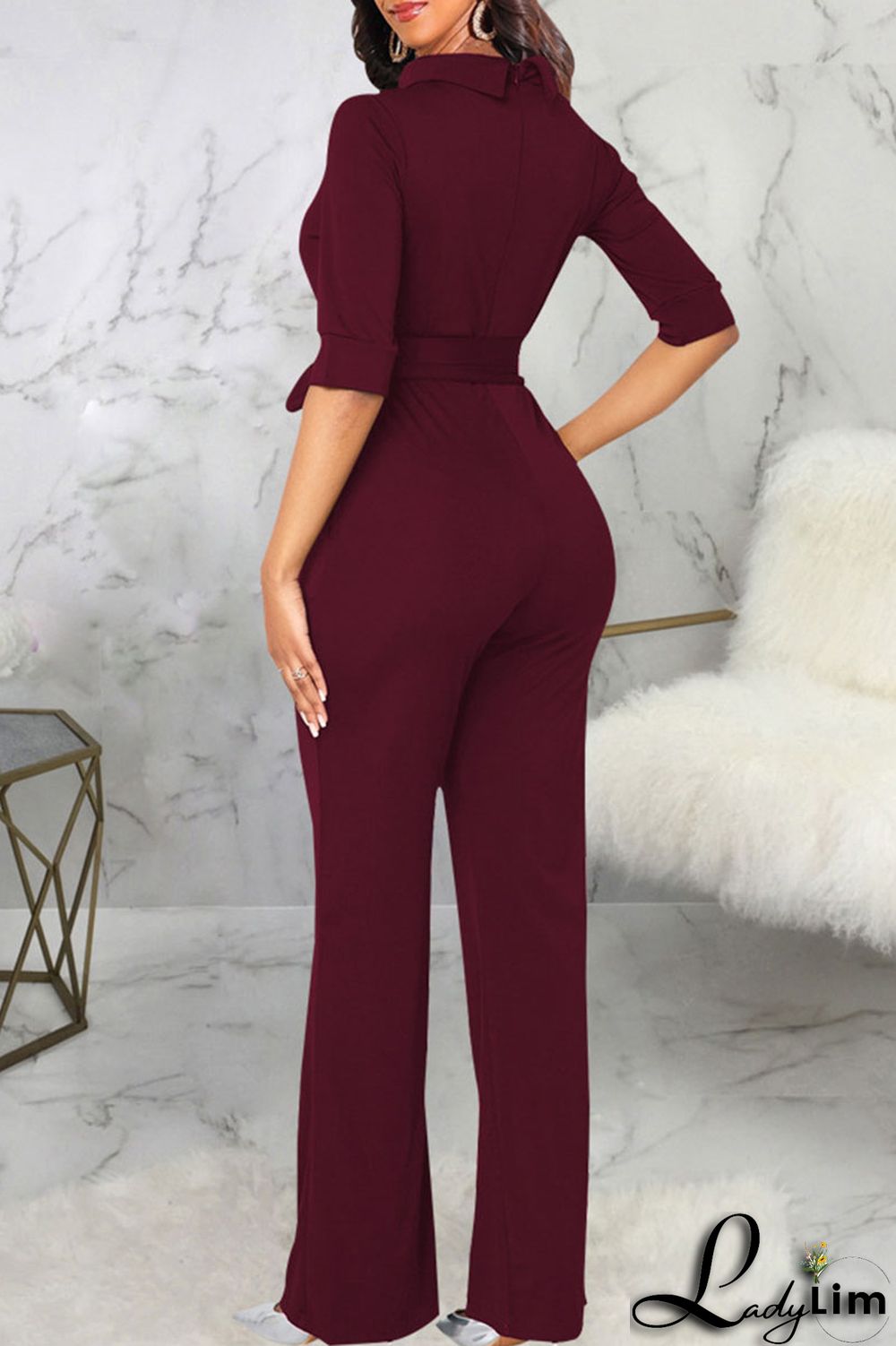 Brown Casual Solid Split Joint With Belt Half A Turtleneck Straight Jumpsuits