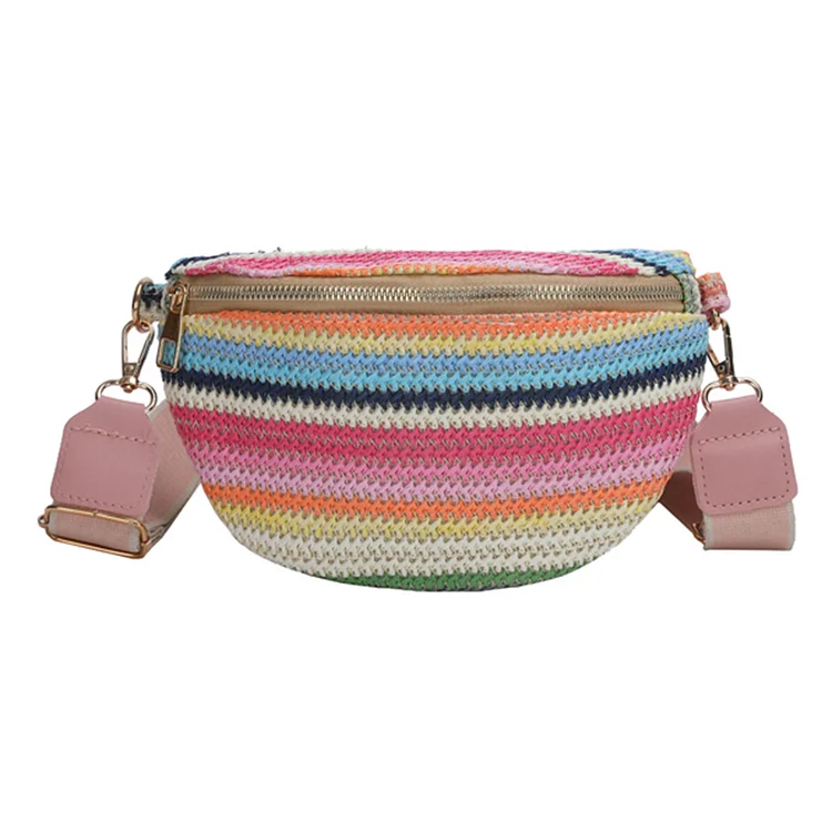 Rainbow Striped Chest Bag Fashion Straw Woven Waist Bag Colorful Soft for Work-Annaletters