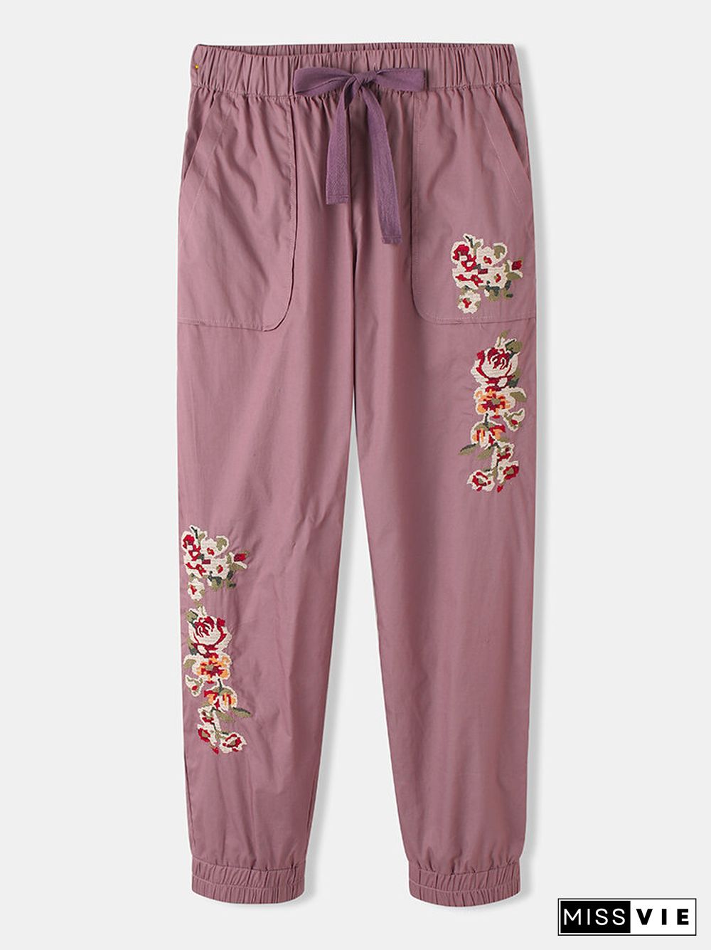 Floral Print Drawstring Pocket Elastic Waist Long Casual Pants for Women