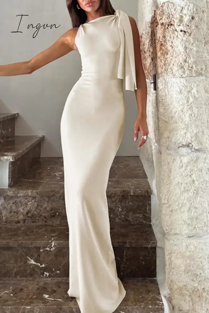 Celebrities Elegant Solid Frenulum Oblique Collar One Step Skirt Dresses(5 Colors) Apricot / S