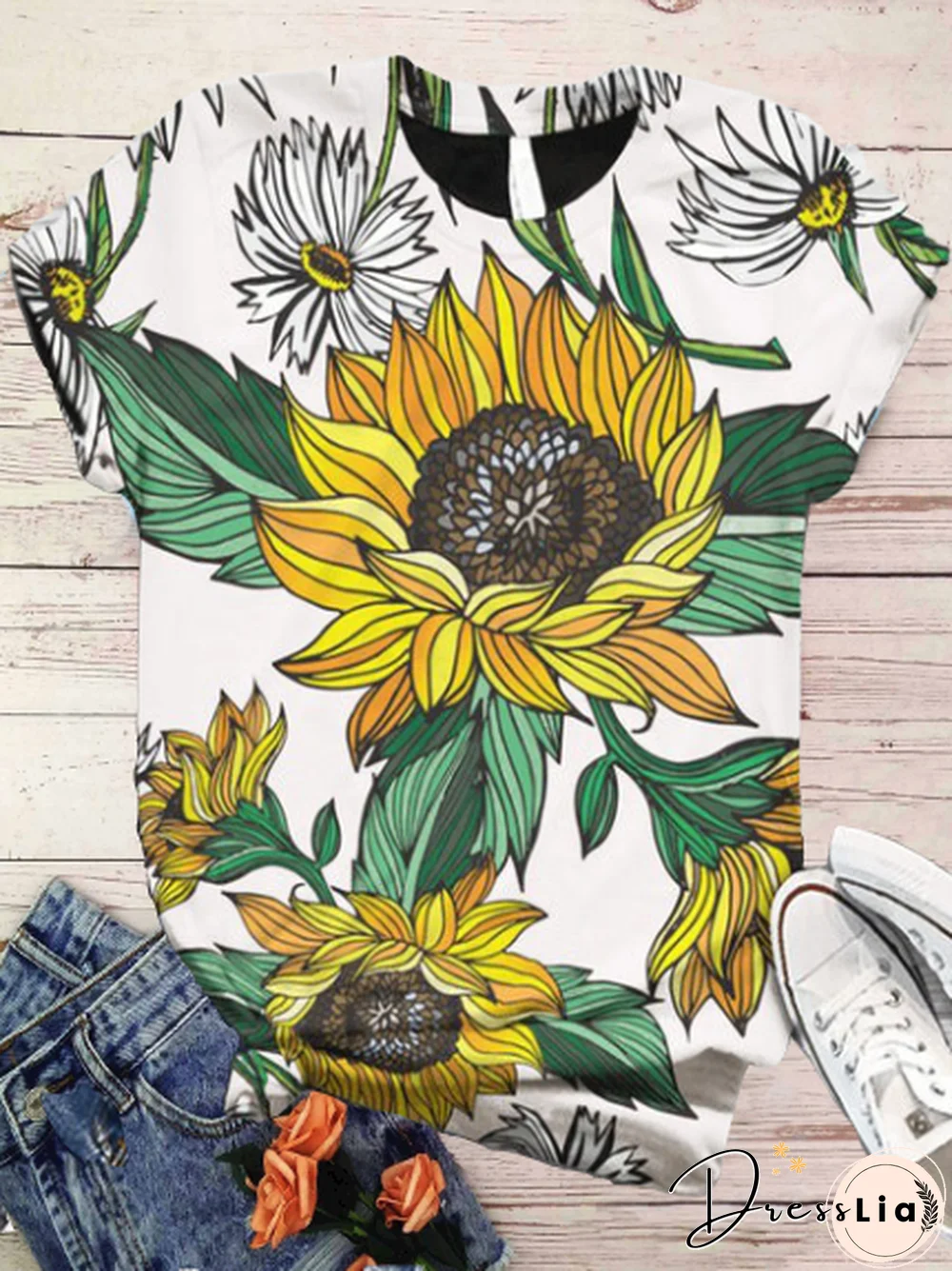 White Short Sleeve Floral Casual Crew Neck T-shirt