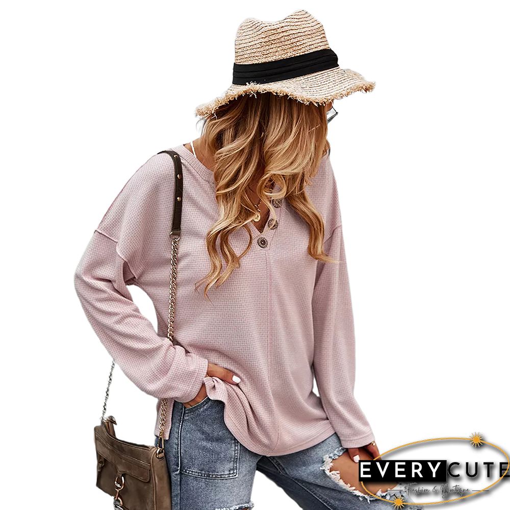Pink Button V Neck Drop Shoulder Sweater