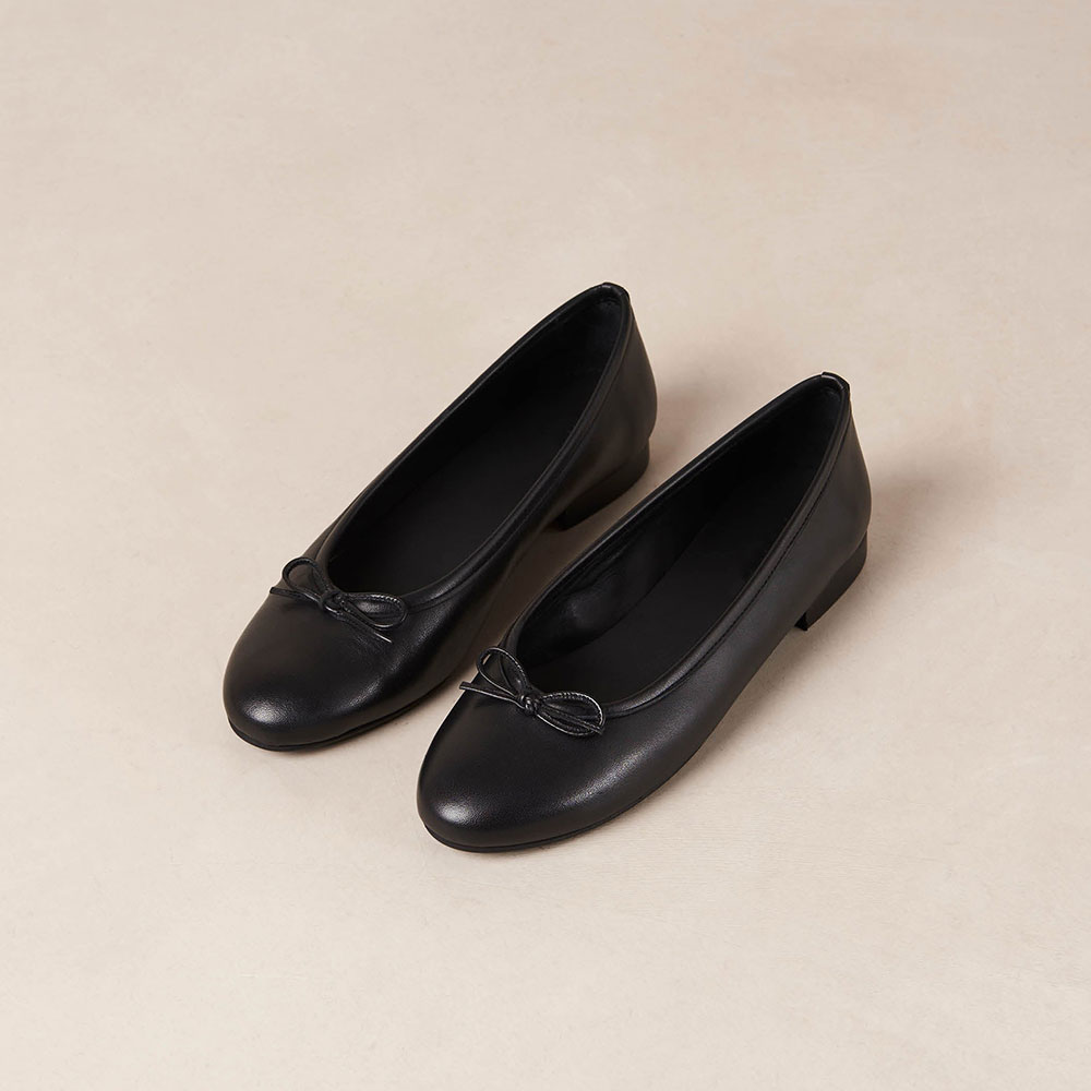 Black Vegan Leather Round Toe Slip-On Ballet Flats with Bow Nicepairs