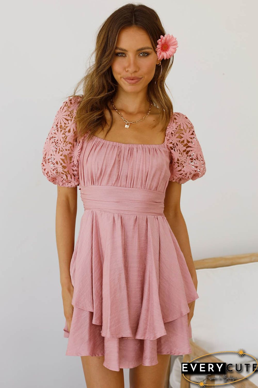 Pink Lace Sleeve Smocked High Waist Mini Dress