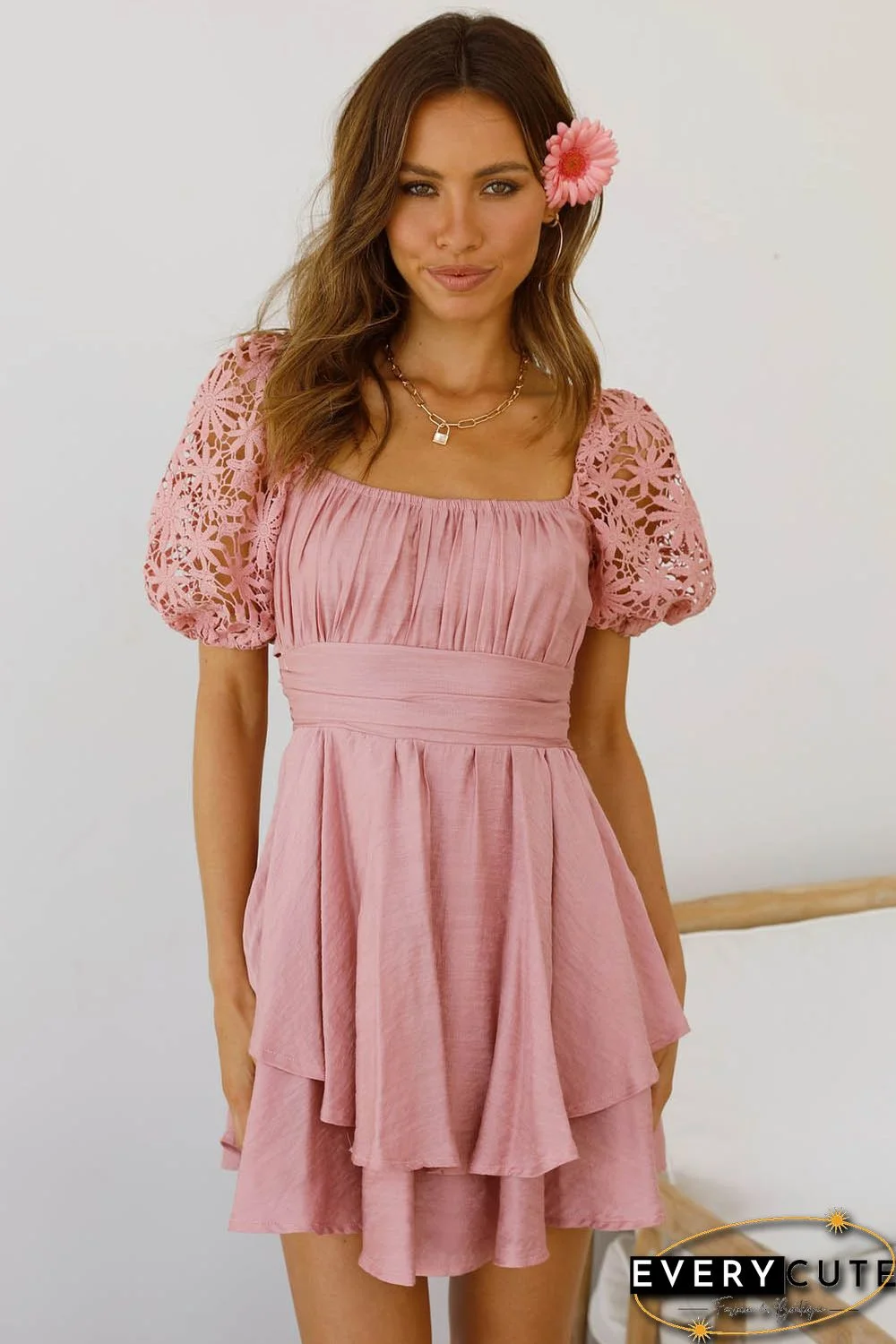 Pink Lace Sleeve Smocked High Waist Mini Dress