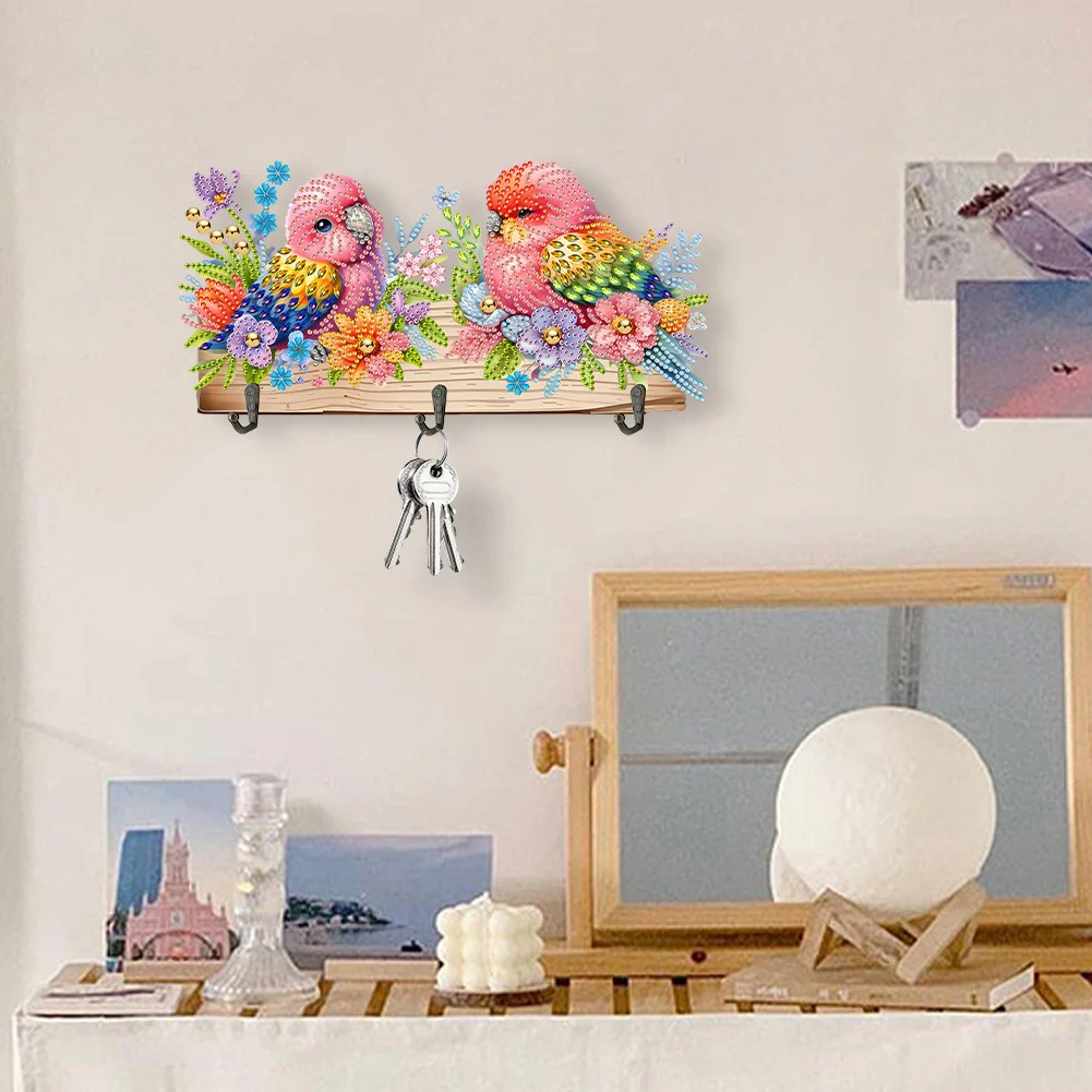 DIY Flower Parrot Wooden Special Shape 3 Hooks Diamond Painting Hanging Hooks for Home Decor