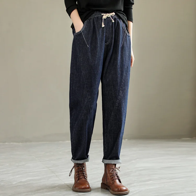Autumn Casual Navy Cotton Jeans For Women