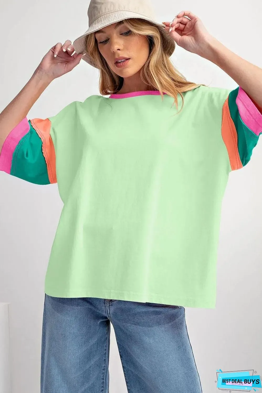 Green Color Block Stitching Sleeve Round Neck Oversize Top