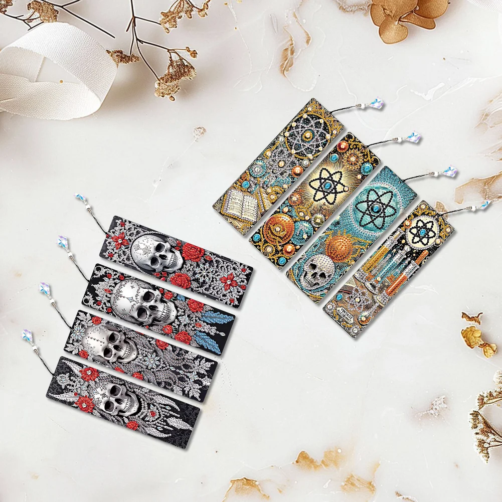 8Pcs DIY Skull Diamond Painting Art Bookmarks with Crystal Pendants for Gift