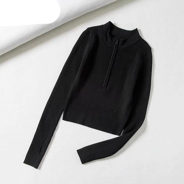  thdmladies Elegant High Neck Zipper Front Knitted Sweater  thedmladies