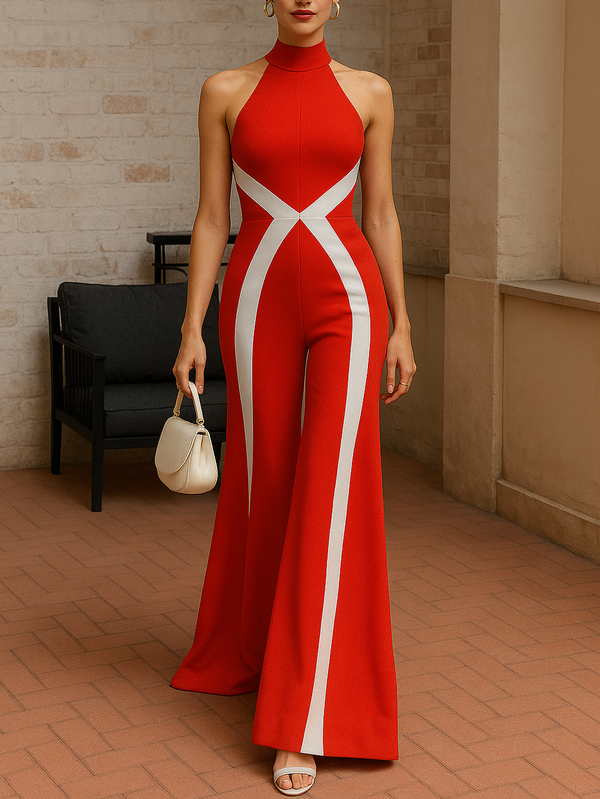 Contrast Color Wide Leg Sleeveless Halter-Neck Jumpsuits