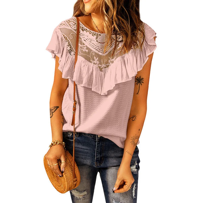 Women's Lace Top With Ruffles Patchwork Round Neck Shirt