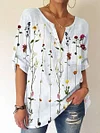 Pockets Casual Floral V Neck Blouse