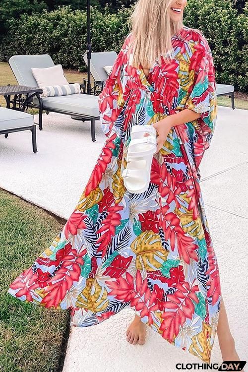 Leaf Print Bat Maxi Cover Dress