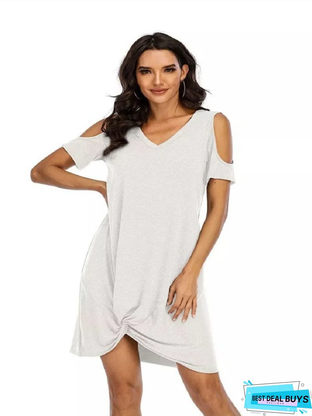 Loose Solid Color Short Sleeve V-Neck T-Shirt Dress White Dresses