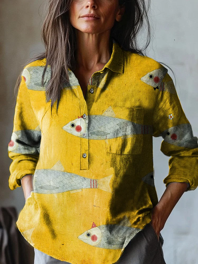 Women's Sardines Art Print Casual Cotton and Linen Shirt