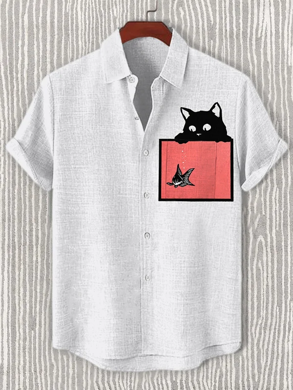 Men's Pocket Cat And Fish Tank Print Casual Shirt