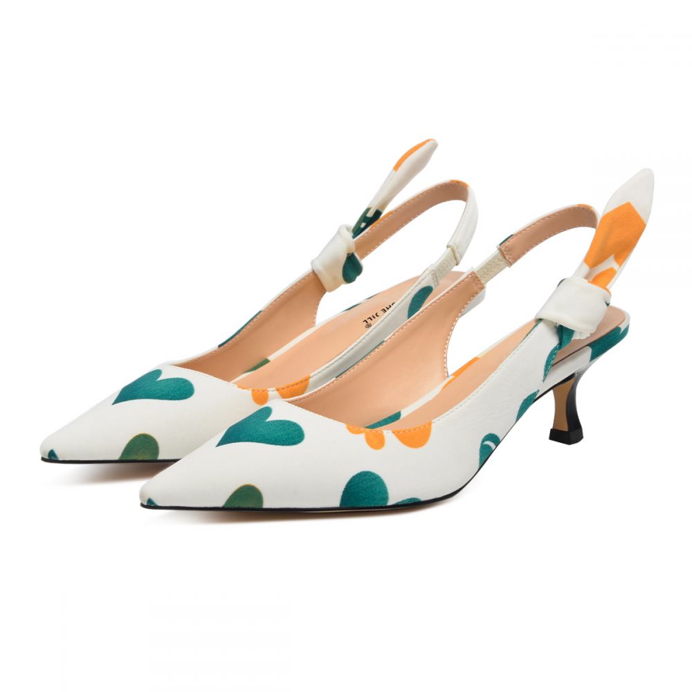 White Pointed Toe Kitten Heels Knotted Heart Print Slingback Pumps Nicepairs
