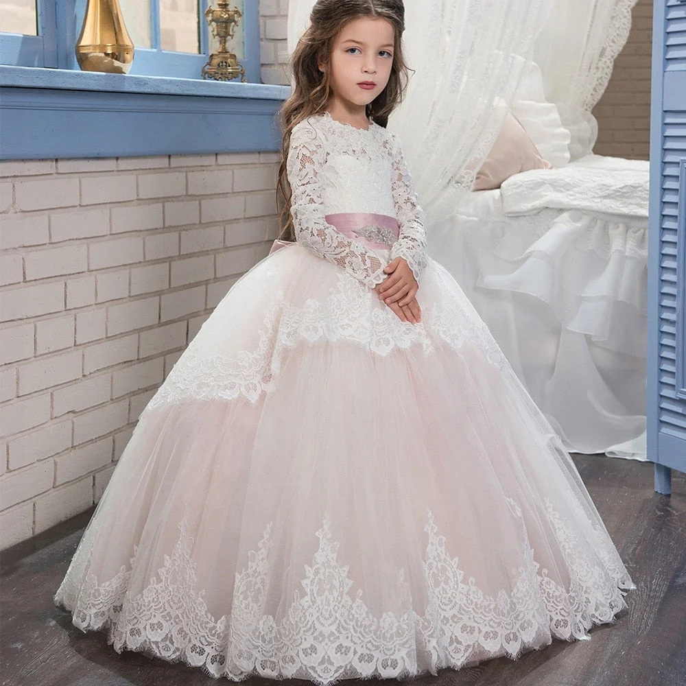 2022 Autumn White Girl Wedding Dress Costume Teenager Princess Children Bridesmaid Dress For Girl Long Sleeve Lace Party Dress