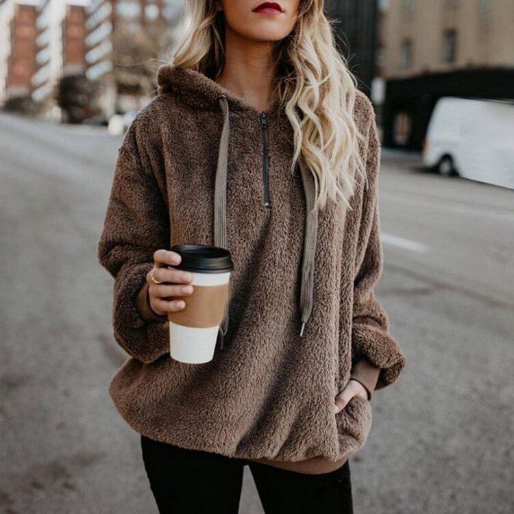 Women's Trendy Long-sleeved Hooded Hoodies Solid Color Women's Fleece Sweatshirt Jacket Women Streetwear