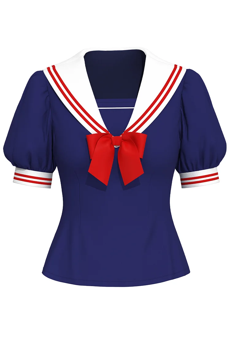 1950s Navy Blue Casual Sailor Suit Navy Collar Bow Stripe Blouse [In Stock]