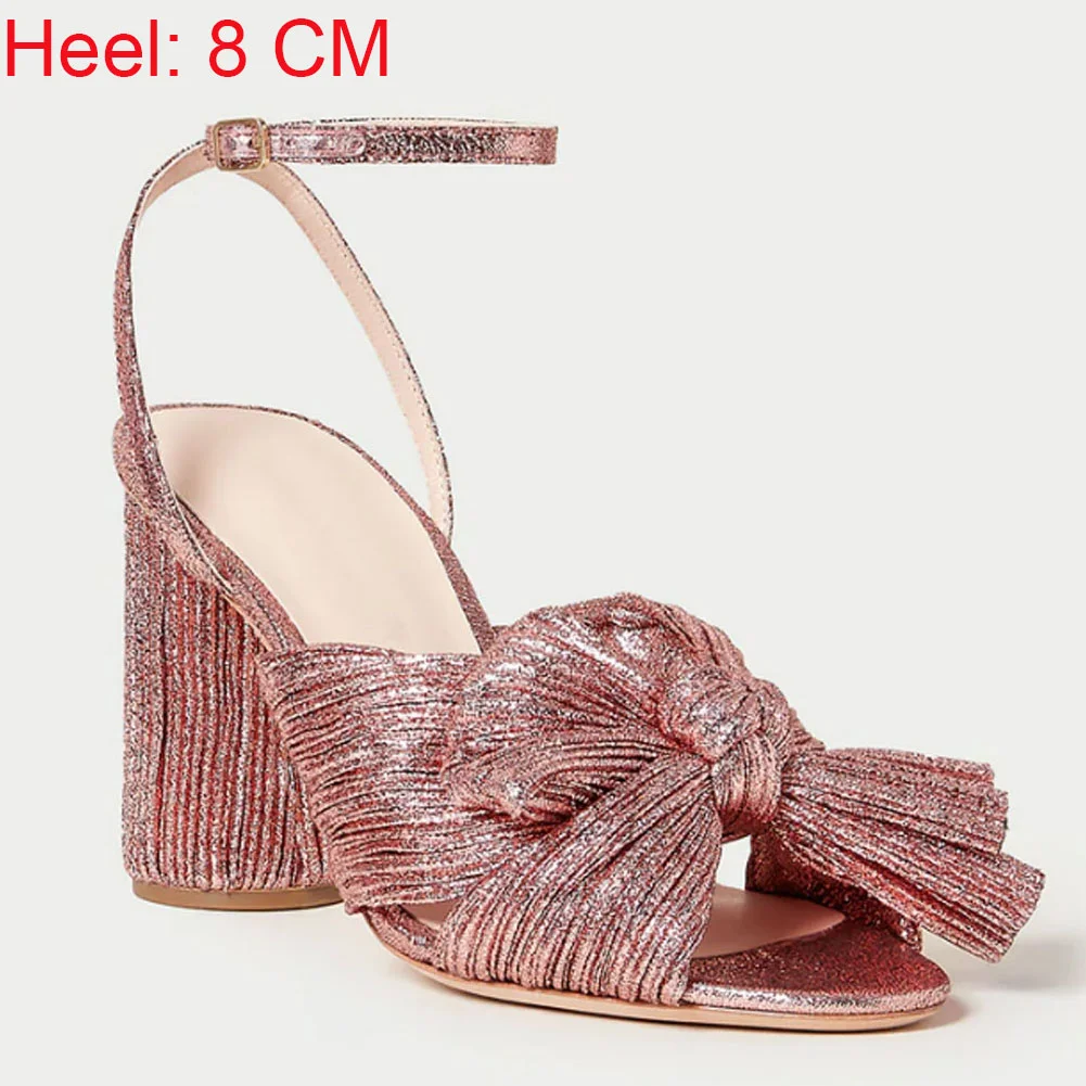 Qengg Open Toe Brand Designer Bowknot Gladiator Golden women's Sandals Luxury Wedding Dress Buckle High Heeled Pletaed Shoes Woman