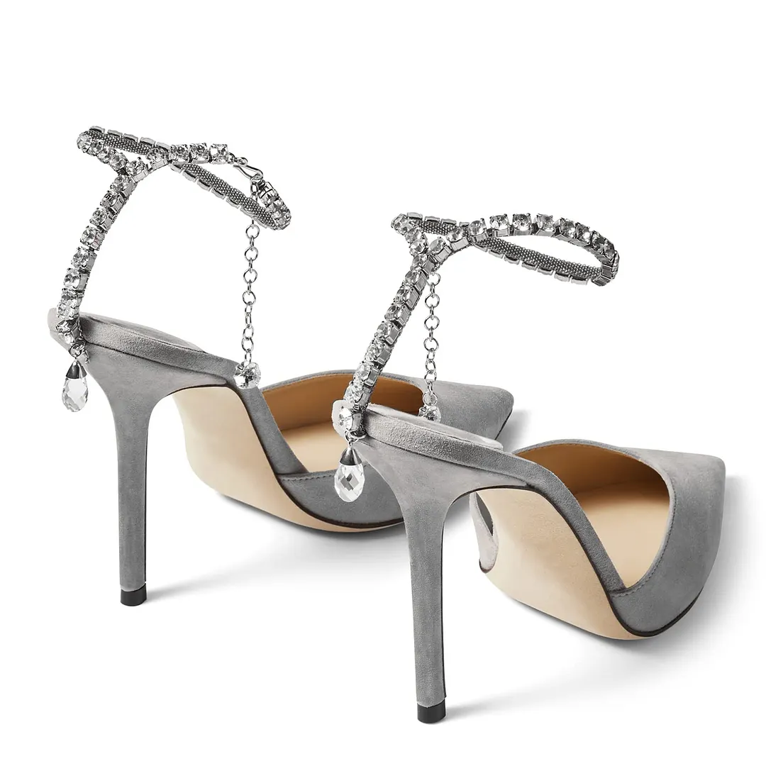 100mm Women's Sandals Crystal Chain Rhinestone Embellished Strap Suede Pumps Pointy Stilettos Backless Shoes-vocosishoes