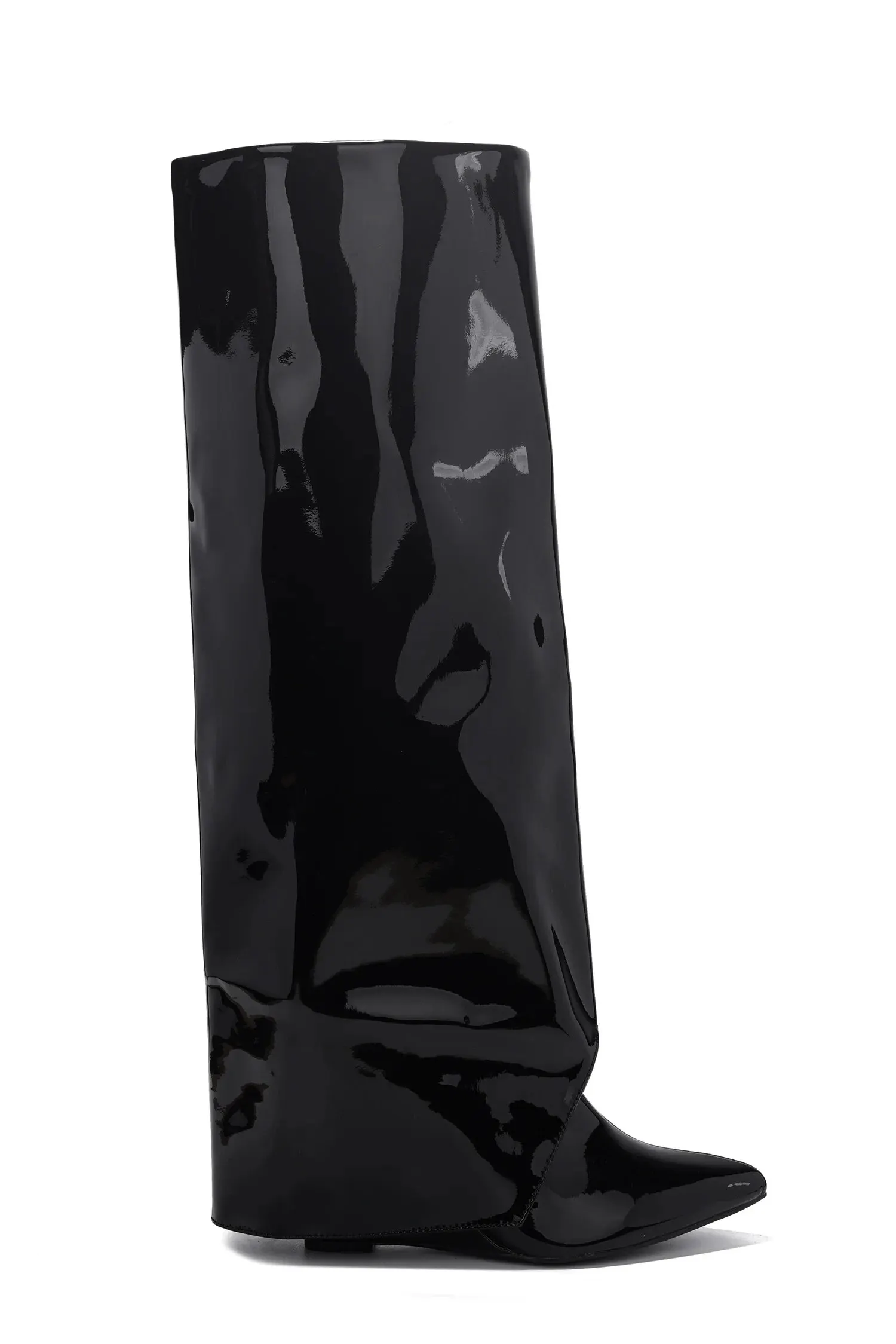 VCSHOES Pointed Toe Women Boots Knee High Boots Westen Botas Black Patent Leather Side Zipper Knight Boots 43
