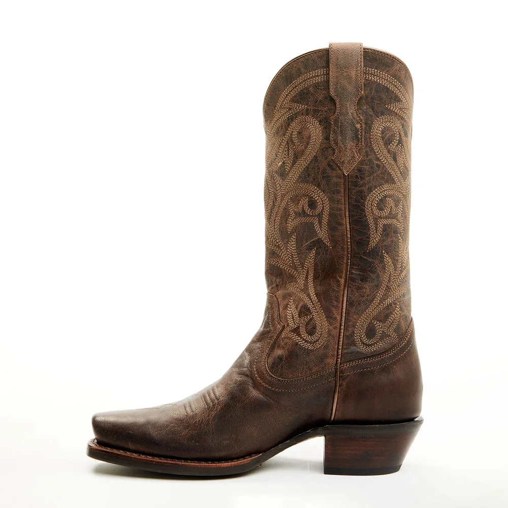 Brown Distressed Square Toe Chunky Heel Embroidered Cowgirl Boots