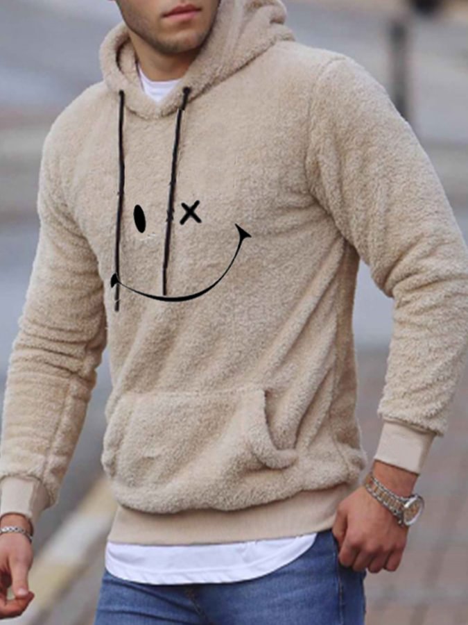 🔥Sale🔥 Men's Khaki Smiley Print Long Sleeve Casual Hoodie