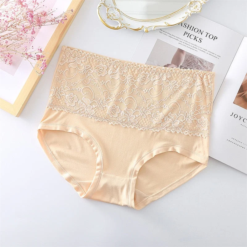 Large Size Women's Cotton Underwear Lace Panties Women's Solid Color Briefs High Waist Sexy Female Underpants Seamless Panties