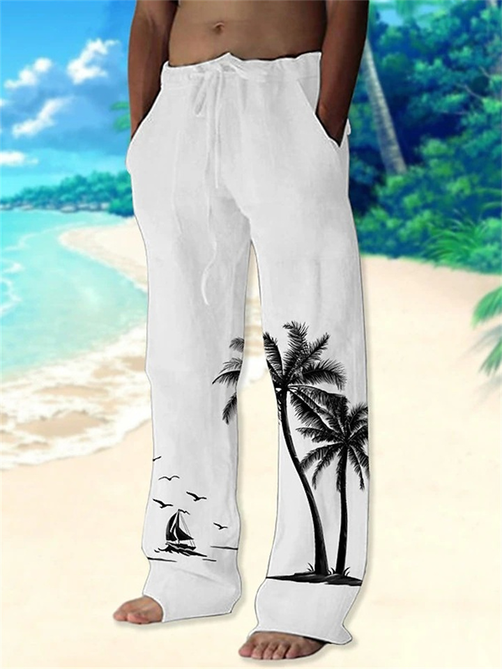 Men's Trousers Summer Pants Beach Pants Drawstring Elastic Waist Straight Leg Coconut Tree Graphic Prints Comfort Casual Daily Holiday Streetwear Hawaiian White Brown