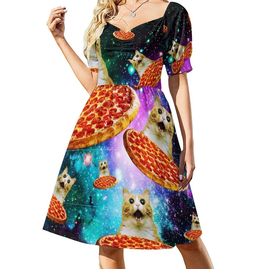 Funny Space Pizza Cat Dress Women Boho High Waist Flared Puff Sleeve Cute Sweetheart Midi Dress
