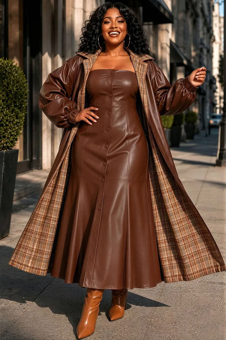 Xpluswear Design Plus Size Daily Brown Turndown Collar Long Sleeve Pocket PU Leather Coat [Pre-Order] 2024 - Xpluswear