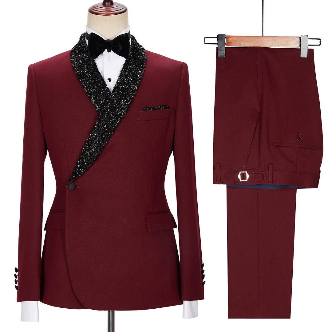 Miabel Jonathan Chic Burgundy Sparkle Shawl Lapel Two Pieces Men Suits